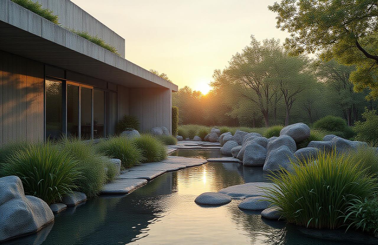 Nowoczesna aranżacja ogrodu w stylu filozoficznym z elementami kamienia i wody