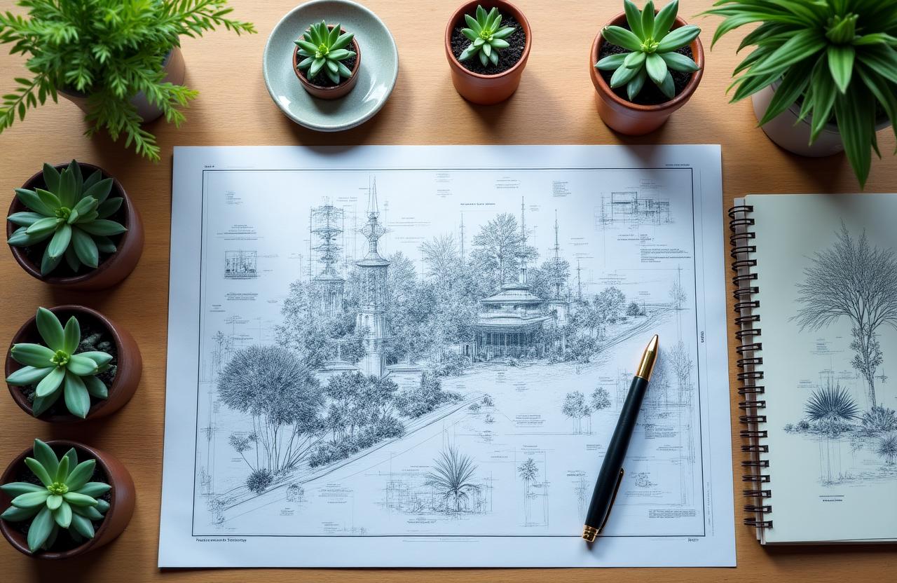 Architektoniczny plan ogrodu z piórem i okularami na drewnianym stole